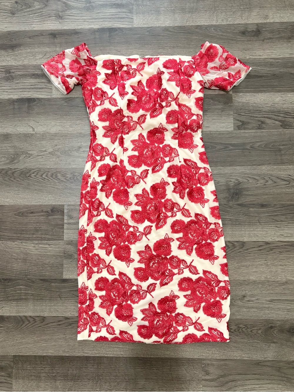 Off Shoulder Floral Embroidered Dress Red & Cream Size 2 Karl Lagerfeld Paris